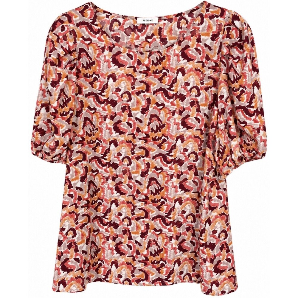 PLEIONE Anthropologie Abstract Blouse Size XL Burgundy Rust Puff Sleeve Top Fall